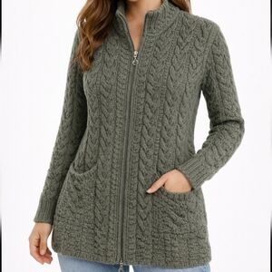 Aran Crafts Ireland Merino Wool Cable Knit Zip Cardigan XS Grey Green